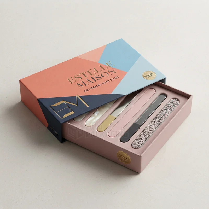 Colour block sleeve box slid open to show six mini nail files held in an insert