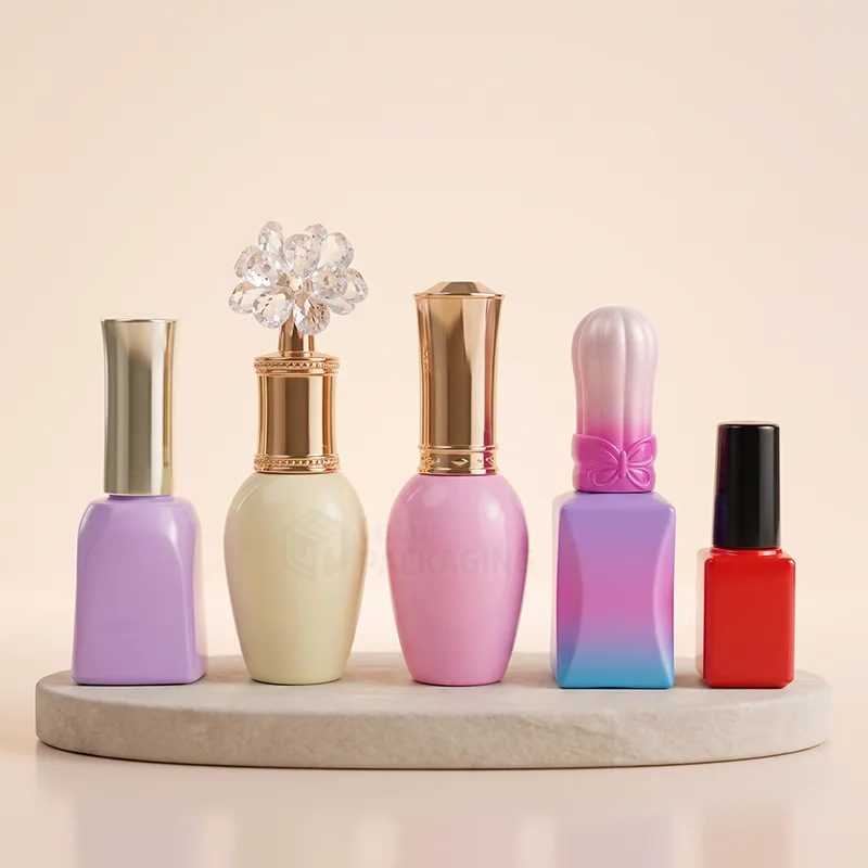 Five nail polish bottles in different shapes and colours with gold, crystal flower and black caps