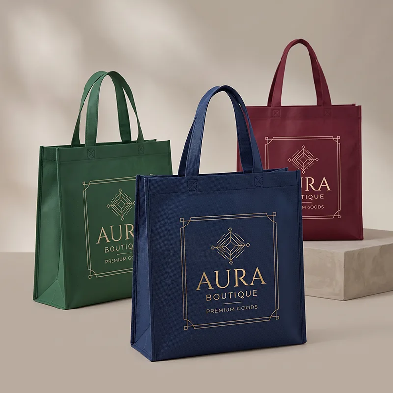 Green, navy and burgundy non woven tote bags with gold printed logos