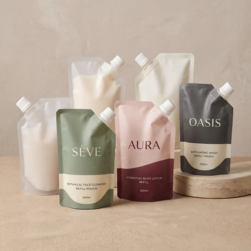 Matte and clear refill pouches with spout caps for face cleanser, body lotion and wash