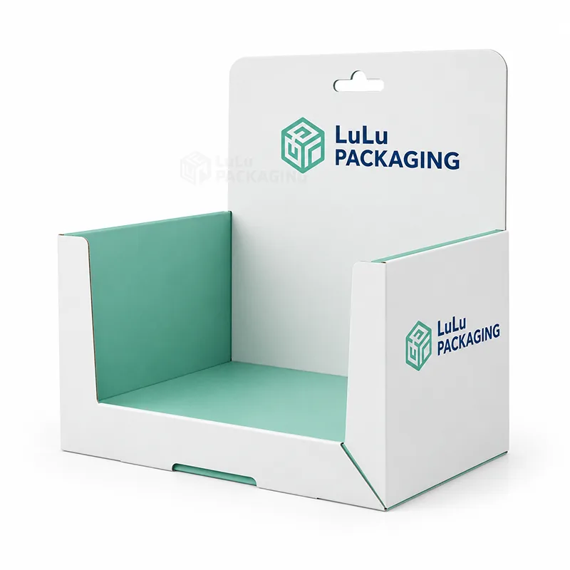 White retail ready display tray with mint interior, open front and a header card with hang hole