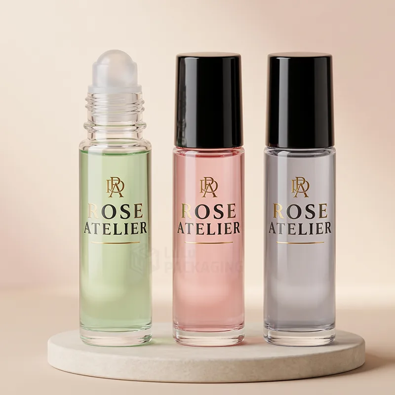 Three glass roll-on bottles with green, pink and grey fills, black caps and gold foil logos