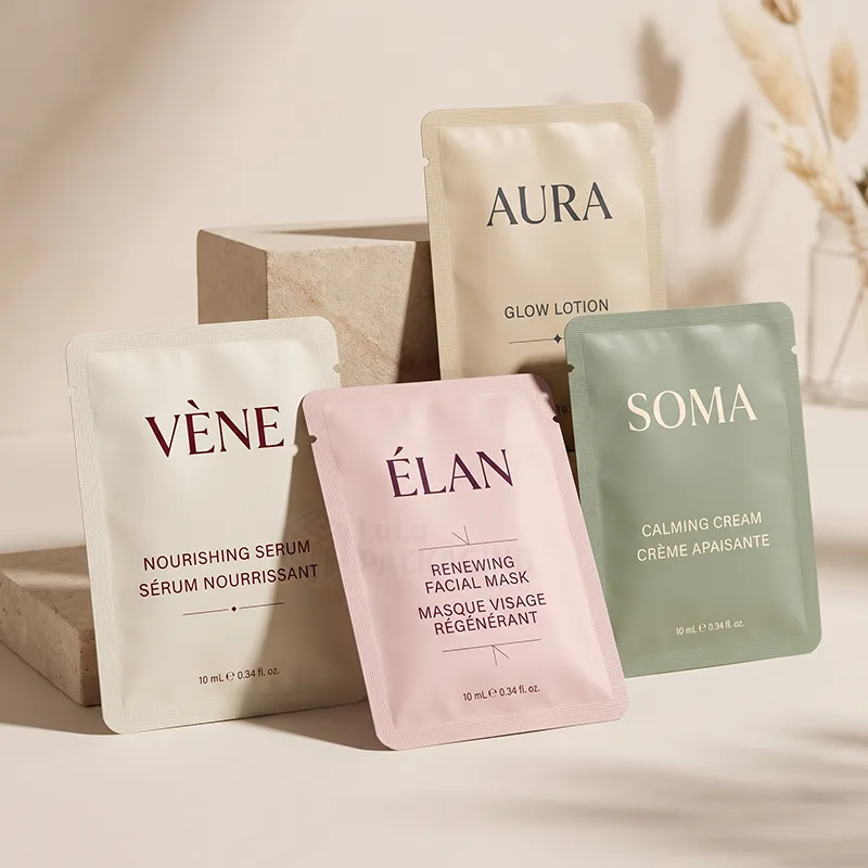 Printed sachets in cream, beige, pink and sage for serum, lotion, mask and cream