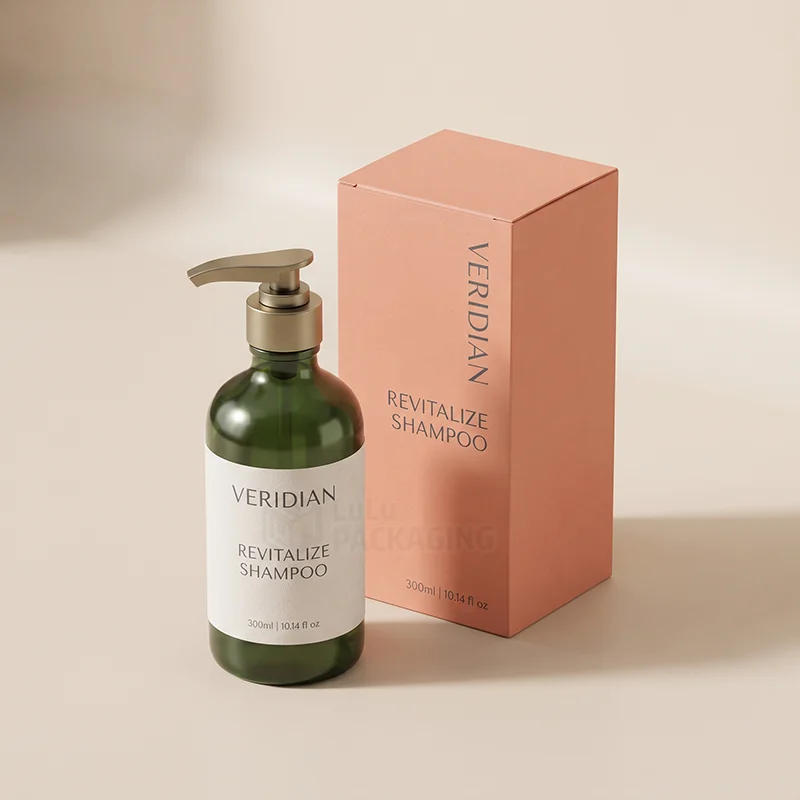 Tall peach shampoo box with a green pump bottle of shampoo in front