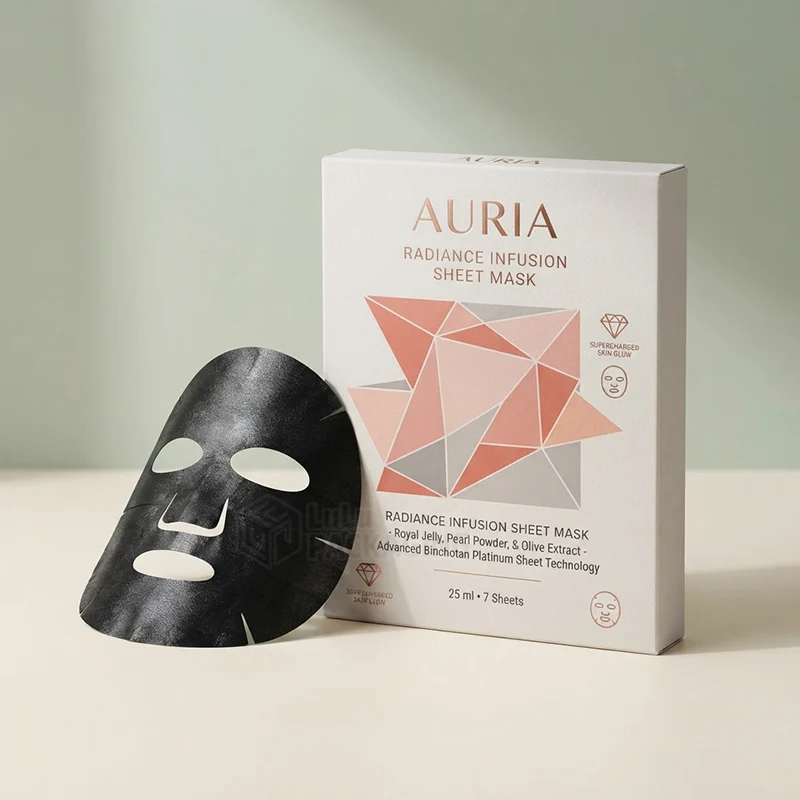 custom sheet mask boxes with geometric print beside a black sheet mask