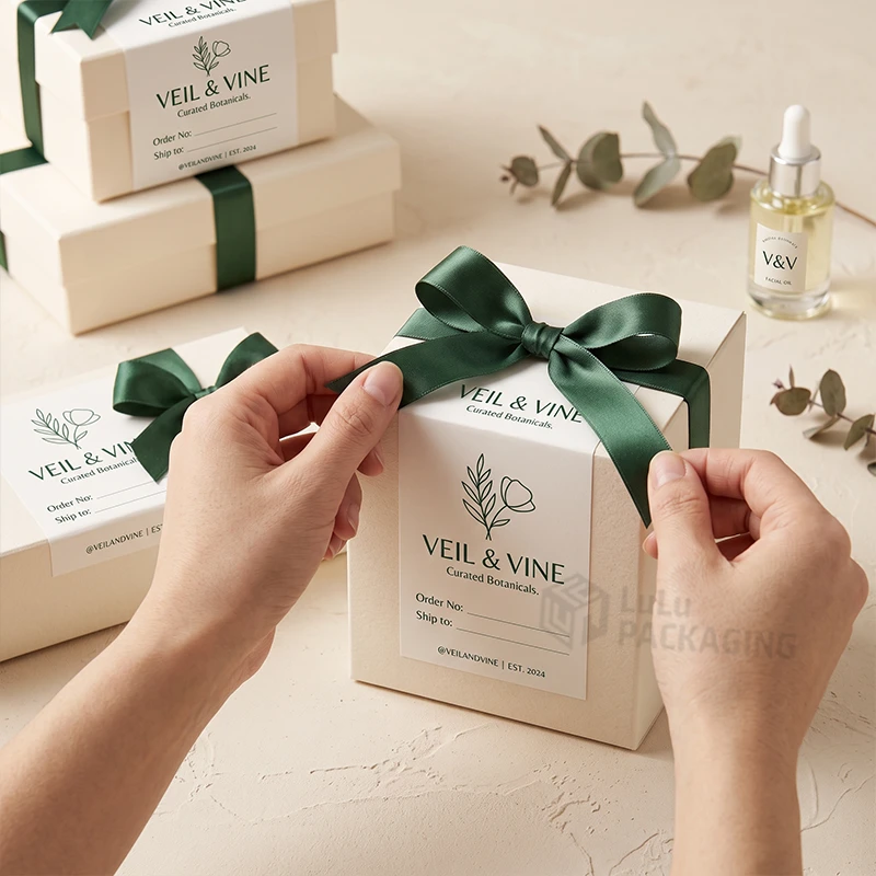 Hands tying a green ribbon over a branded shipping label with Order No and Ship To lines on a cream gift box