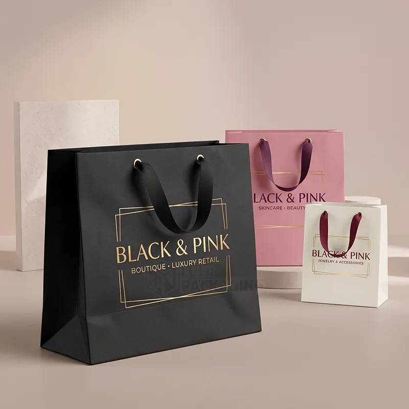 Black, pink and white paper shopping bags in three sizes with ribbon handles and gold foil logos