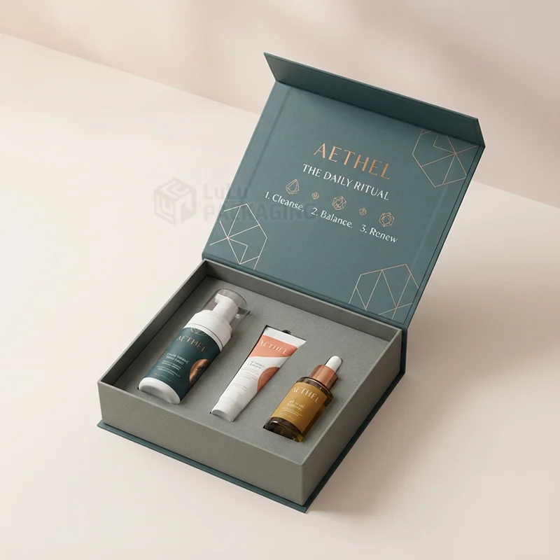 Teal magnetic gift box open to show a cleanser, tube and serum in a grey foam insert