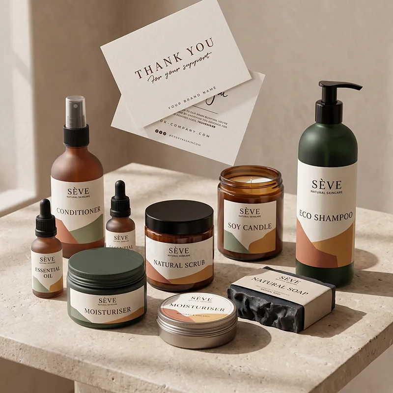 Matching labels on skincare bottles, dropper bottles, jars, a tin and a soap bar, with thank-you cards above