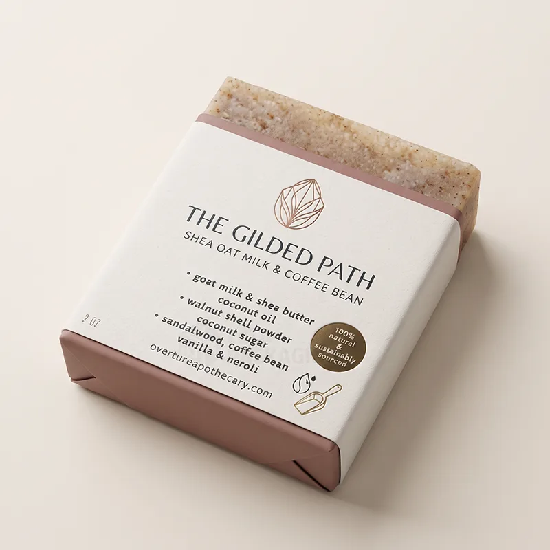 Handmade soap bar wrapped in a white band label with a gold leaf logo and ingredients list