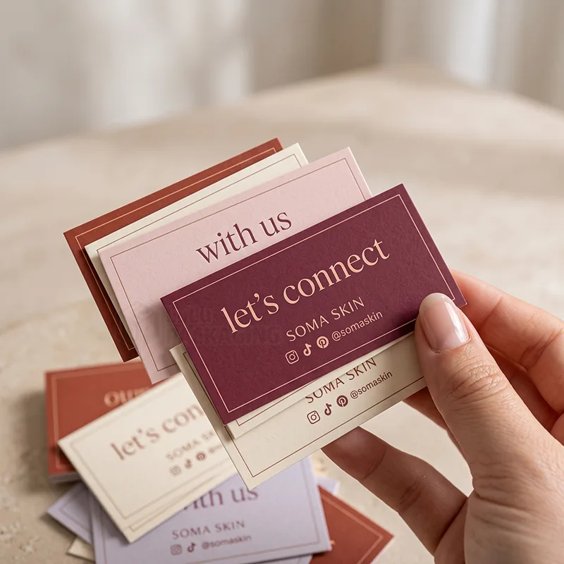 Hand fanning 'let's connect' and 'with us' social cards in plum, blush and cream with a social handle