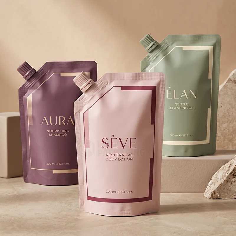 Corner spout pouches in plum, pink and sage for shampoo, body lotion and cleansing gel