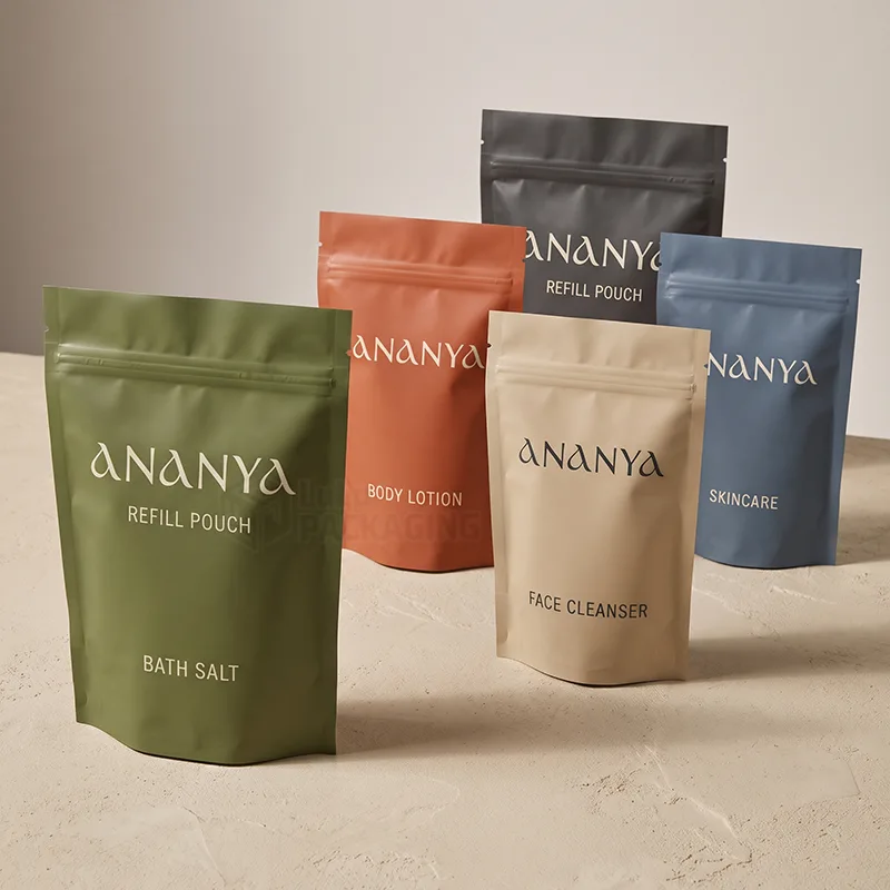 Matte stand up pouches with zippers in olive, terracotta, charcoal, beige and blue