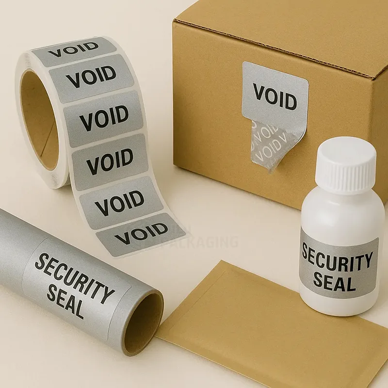 Silver VOID tamper-evident stickers on a roll, one peeled on a carton showing VOID residue, plus security seals on a bottle and tube