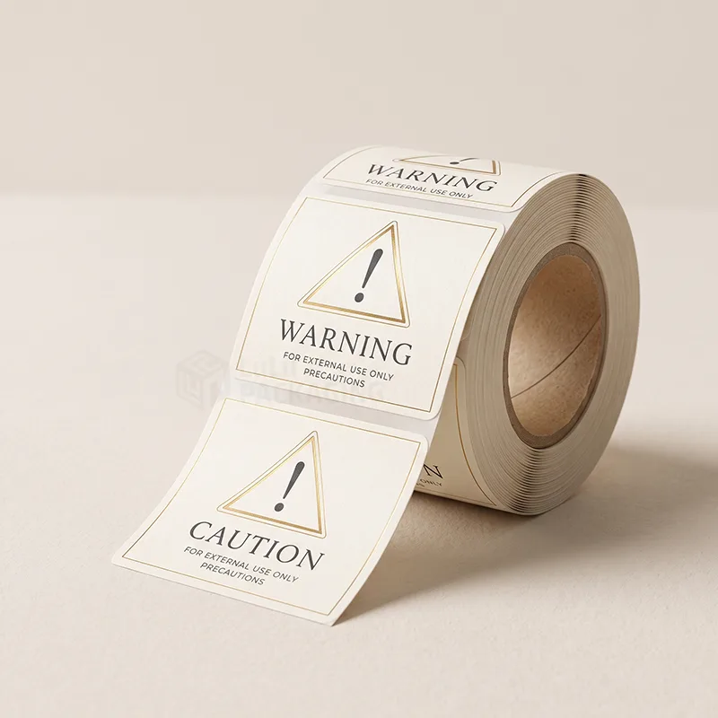 Roll of cream warning and caution labels with gold triangle icons reading For External Use Only