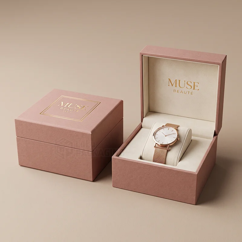 Two pink watch boxes with a gold foil logo, one open showing a rose gold watch on a pillow