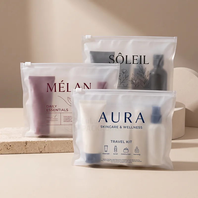 Frosted ziplock bags with slider zippers holding travel size skincare products