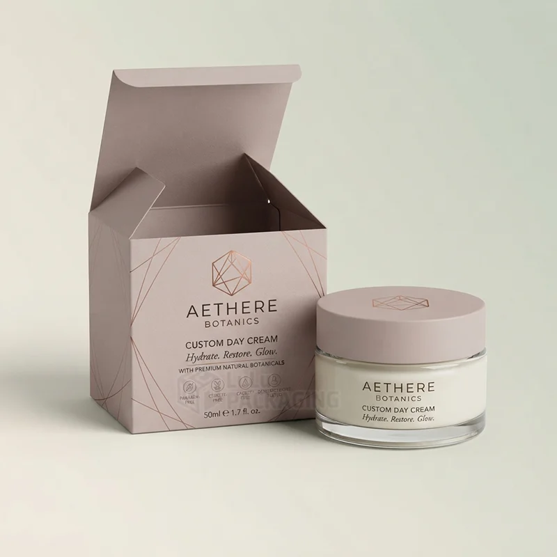 Open mauve day cream box with rose gold foil lines and logo beside a cream jar