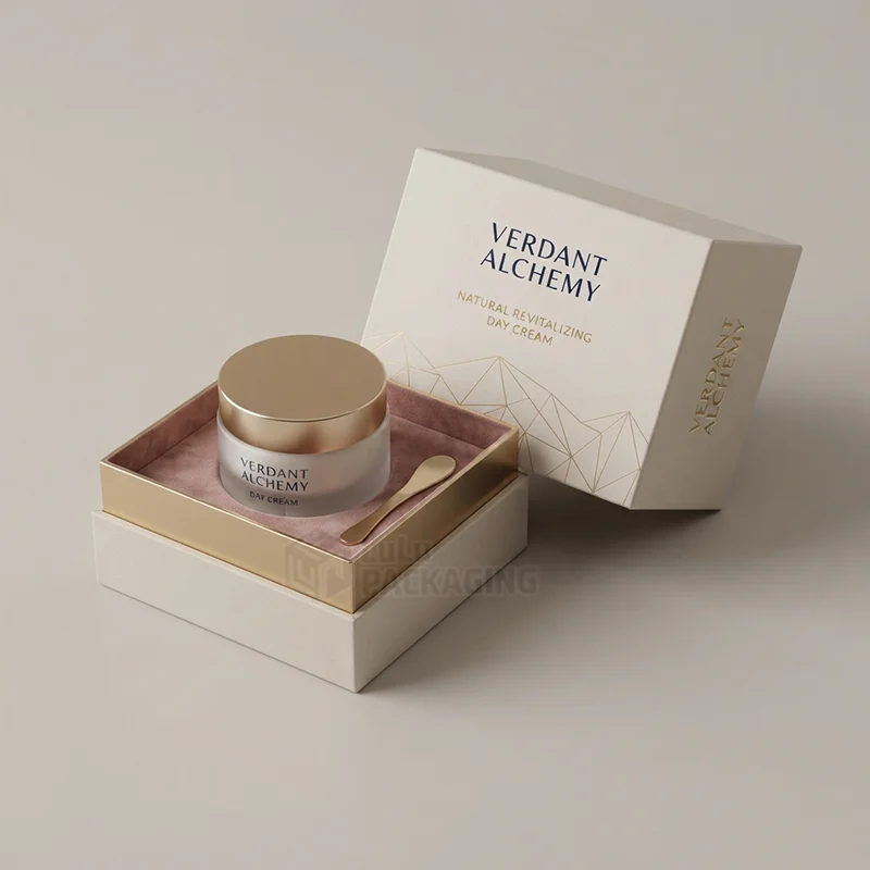 Rigid day cream box opened to show a jar and spatula in a velvet insert