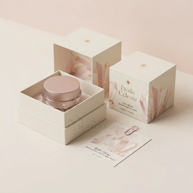 White rigid day cream boxes with pink crystal art, one open showing the jar, plus a card