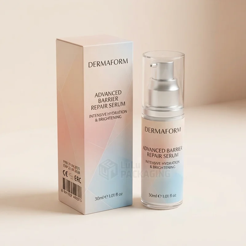 Pastel pink and blue dermocosmetic serum box with barcode beside a clear airless pump bottle