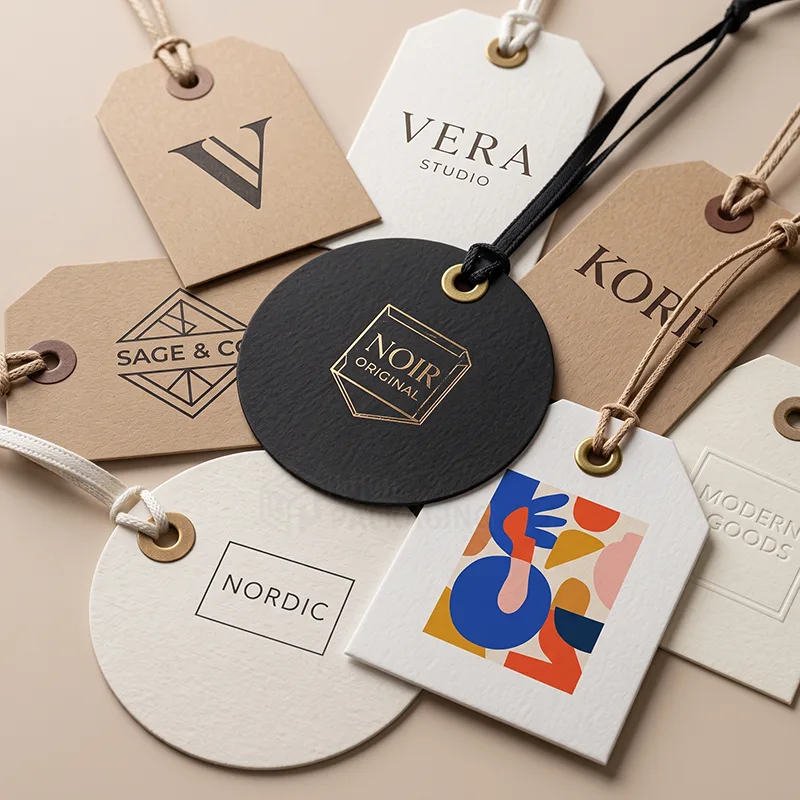Assorted round and notched-corner die-cut tags in kraft, white and black with eyelets and strings