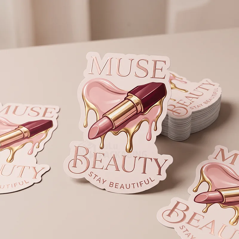 Die-cut pink logo stickers with a gold dripping lipstick, one standing in front of a stack