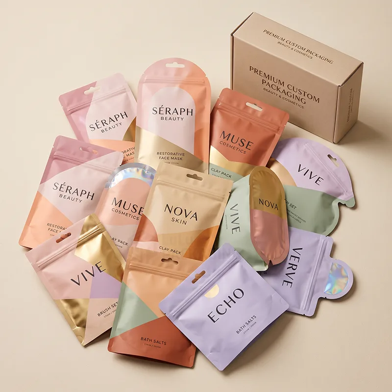 Assorted die cut mylar bags with hang holes in pastel and gold beside a kraft mailer box