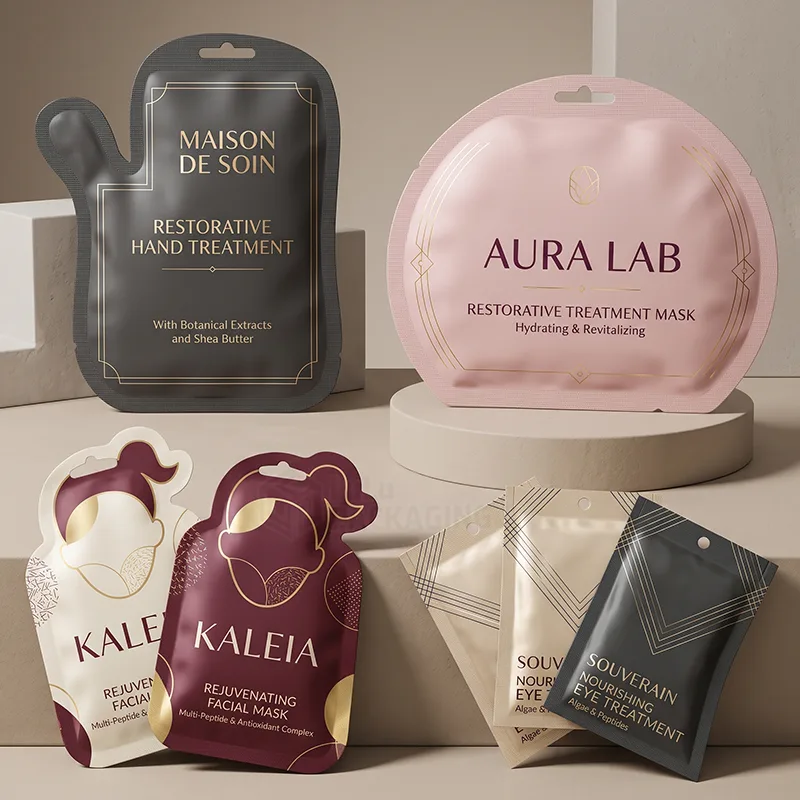 Die cut shaped sachets for hand treatment, face masks and eye treatment