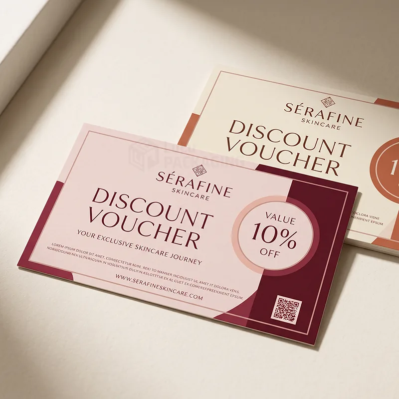 Blush and plum discount voucher card with 10% off circle and QR code, second voucher behind