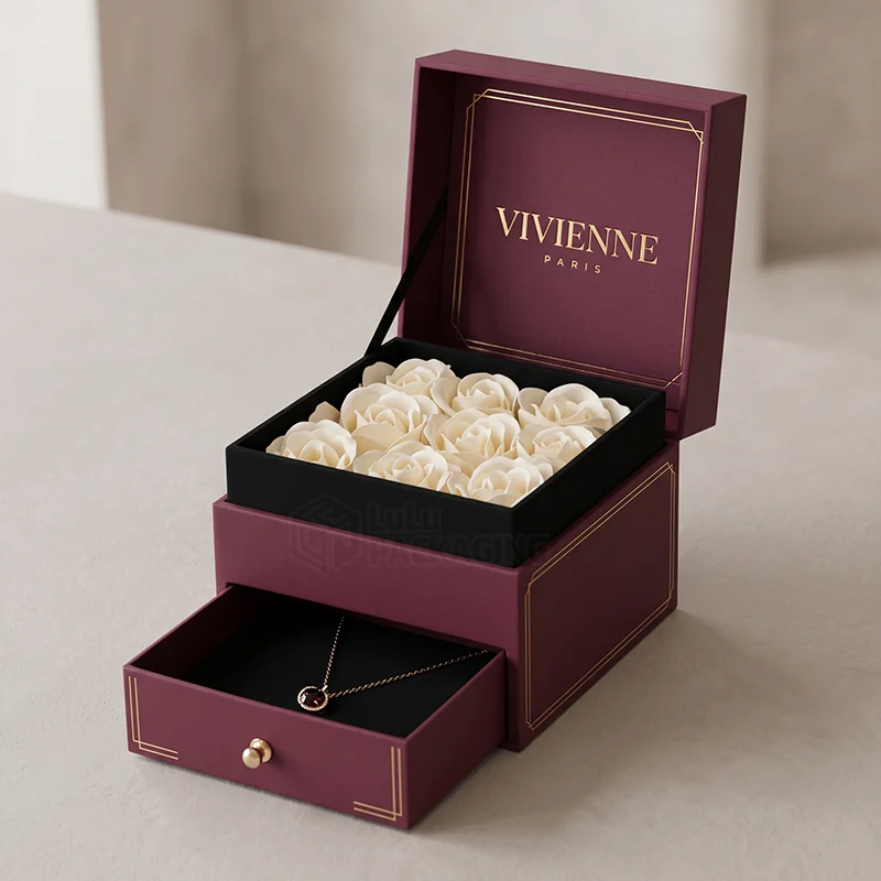 Burgundy jewellery box with cream flowers on top and a drawer holding a pendant necklace