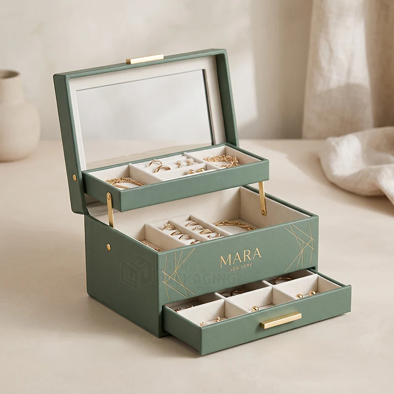 Green jewellery case with a mirror lid, lift-out tray and front drawer full of gold jewellery