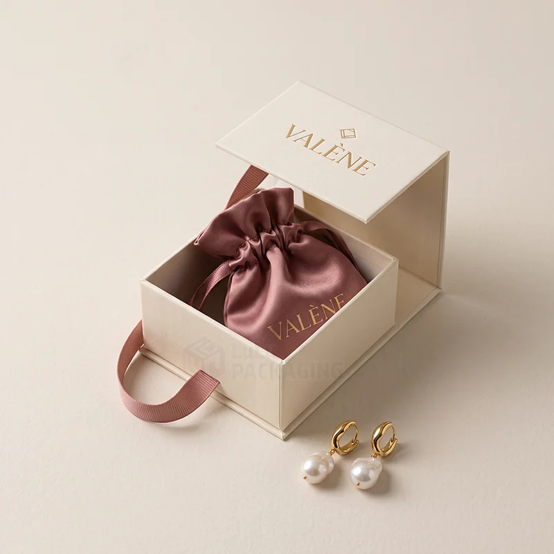 Cream magnetic earring box with a ribbon handle holding a pink satin pouch, with pearl earrings