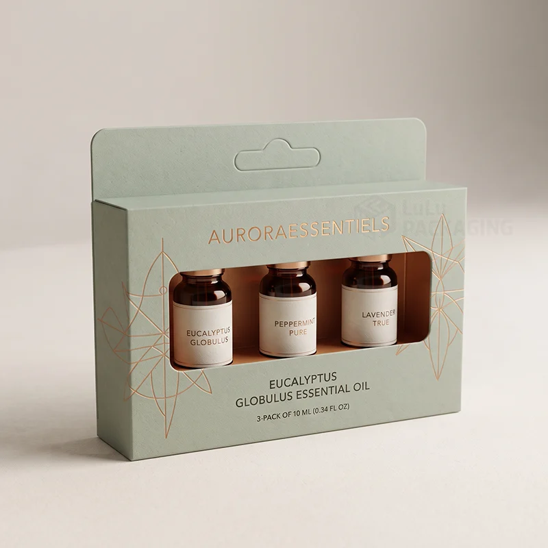 Sage essential oil 3-pack box with a hang tab and a window showing three amber bottles