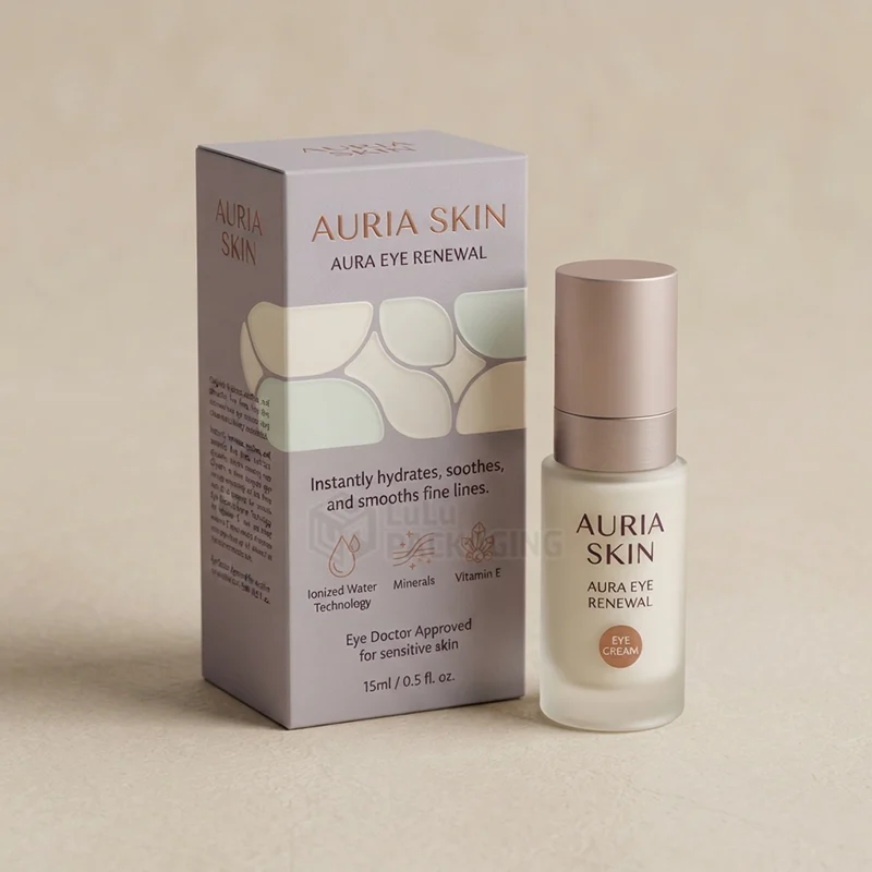 Lilac eye cream box with pebble print and copper text beside a frosted pump bottle