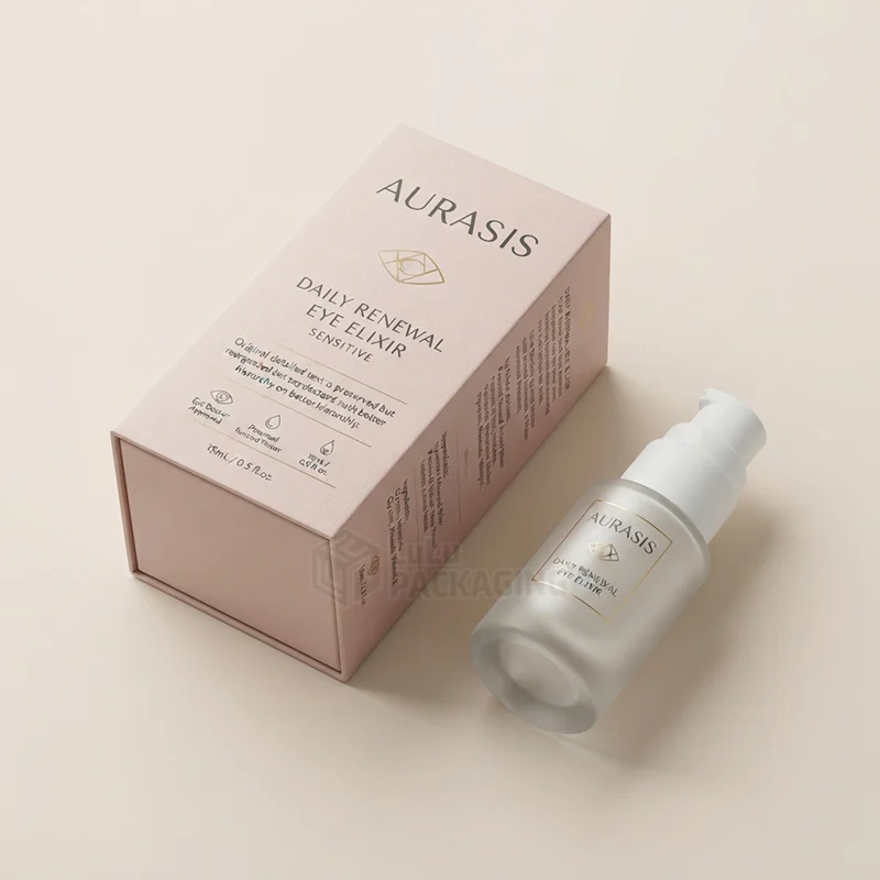 Pale pink rigid eye cream box with a gold foil logo next to a frosted pump bottle