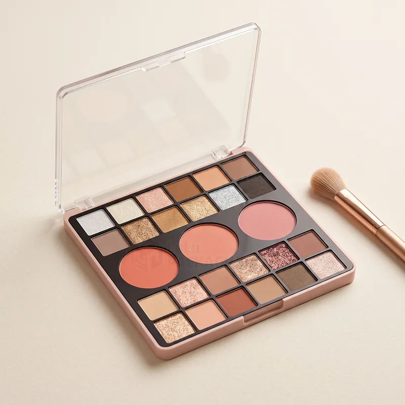 Pink eyeshadow palette with a clear lid, shadow pans, three blush pans and a brush