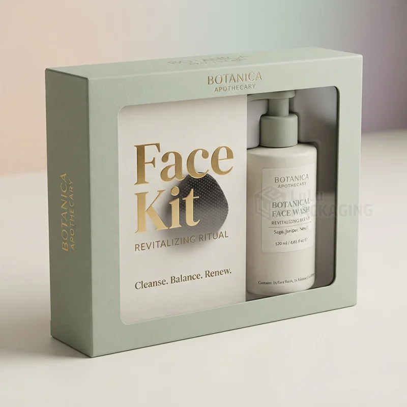 face wash packaging in a green window sleeve box with a pump bottle and face kit