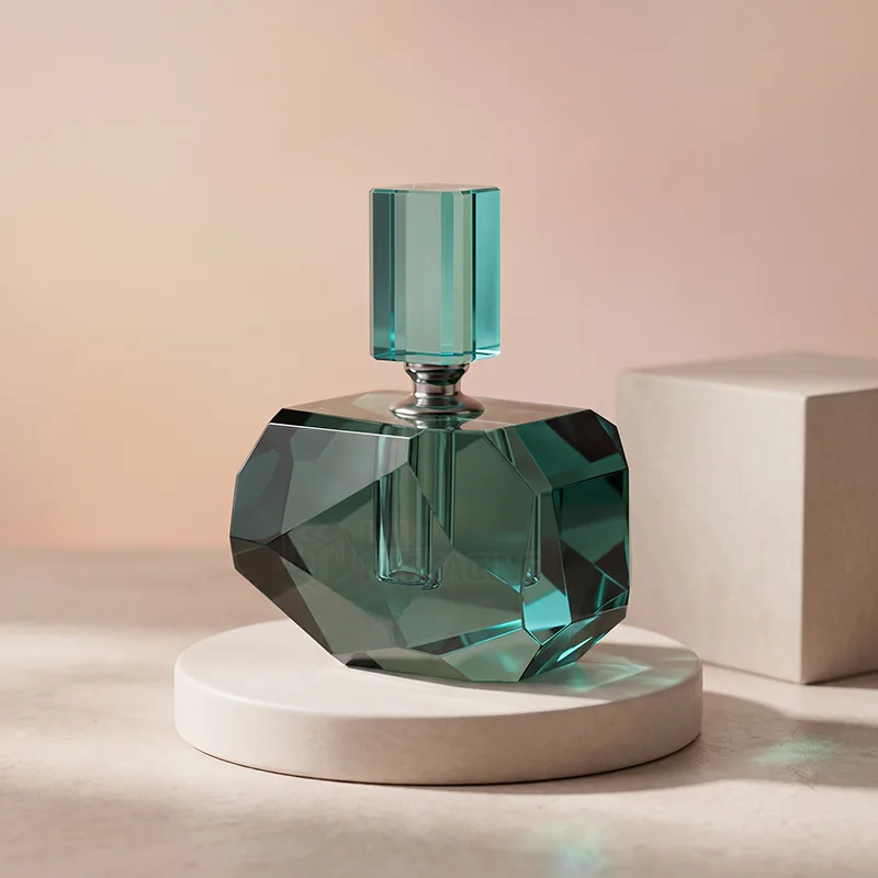 Faceted teal crystal perfume bottle with a tall glass stopper on a round stand
