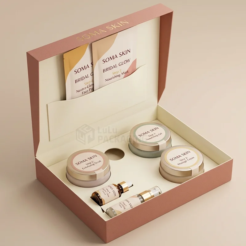 Open pink rigid facial kit box with step sachets in a lid pocket and jars in an insert