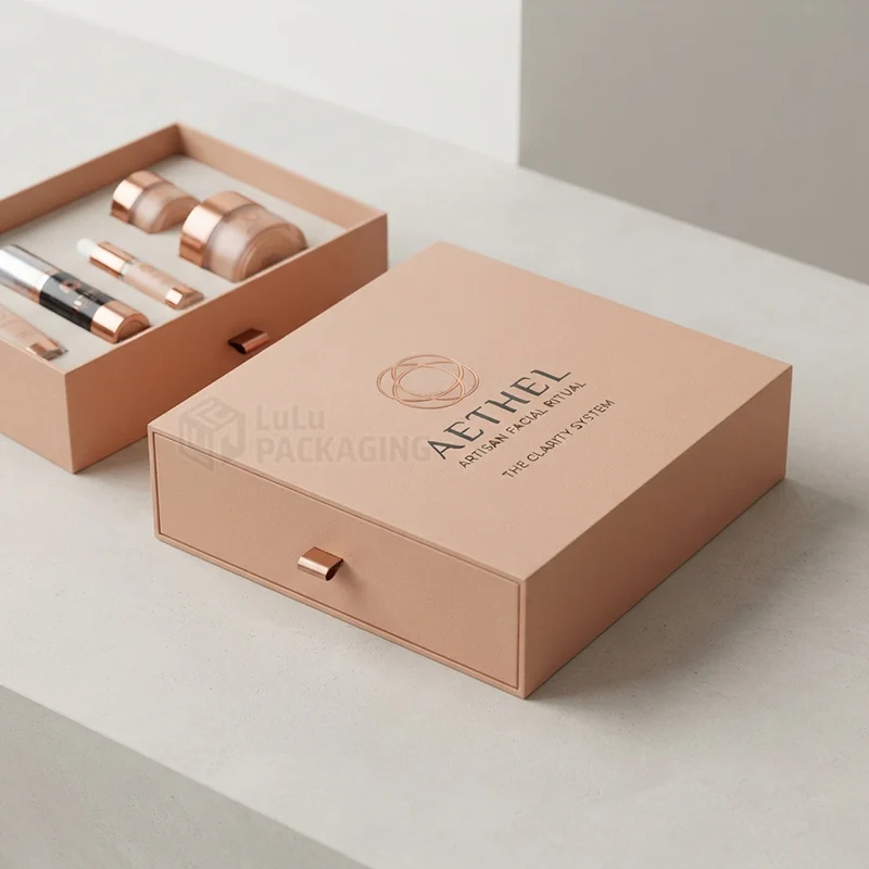 Peach drawer box with rose gold foil logo beside an open tray of facial kit products