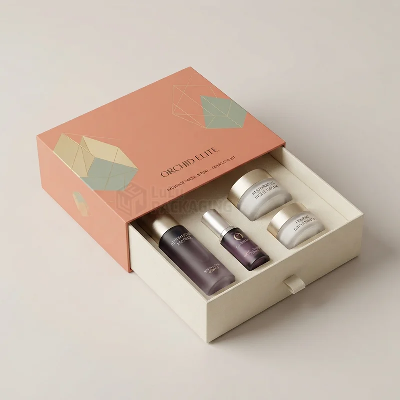Coral drawer box with gold lines slid open to show serums and cream jars