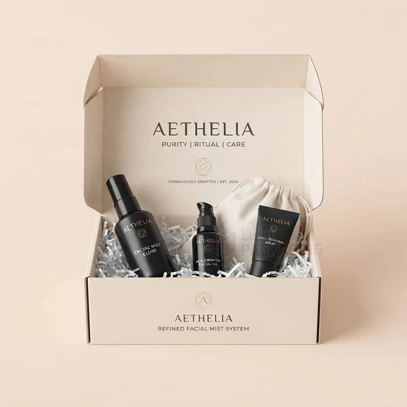 Open printed mailer box holding a facial mist, oil and balm in shredded paper