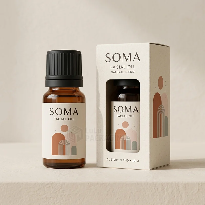 facial oil box design in kraft with a window and arch artwork