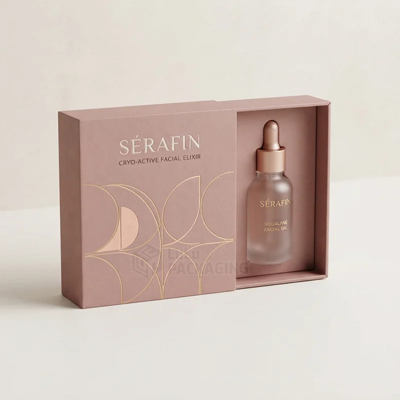 facial oil boxes with logo in a mauve slide drawer with gold foil and a dropper bottle