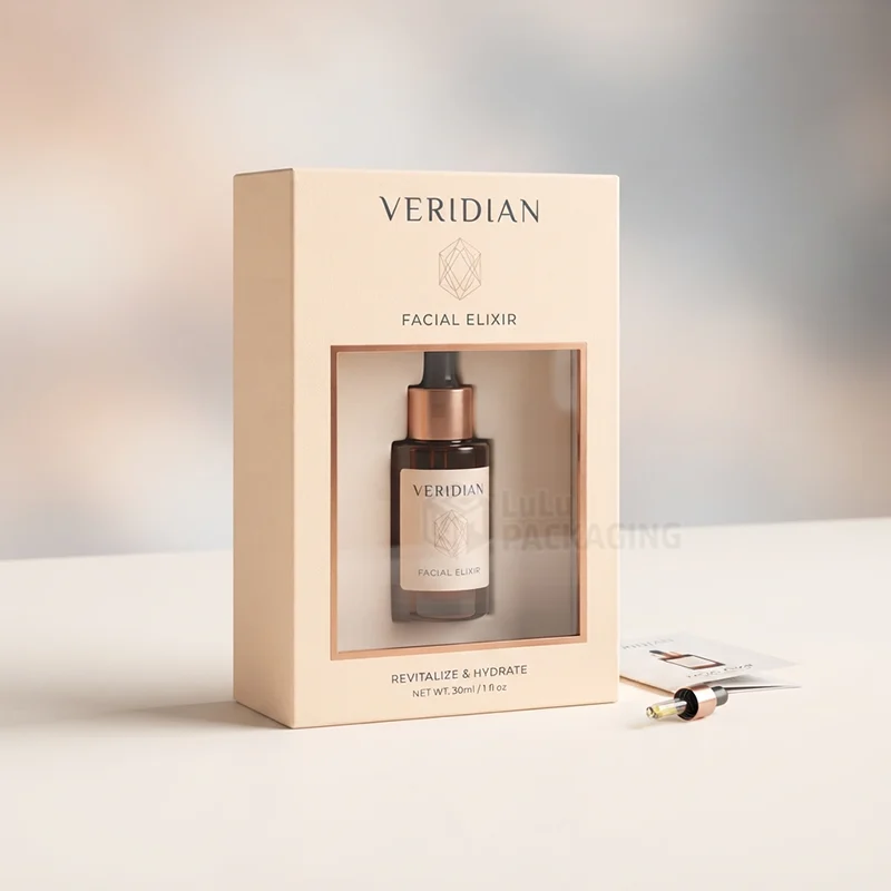 facial oil packaging with a window showing an amber dropper bottle