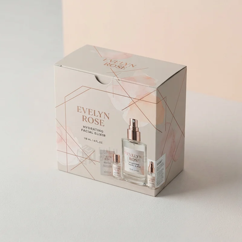 Blush facial spray box with rose gold geometric lines and a printed mist bottle