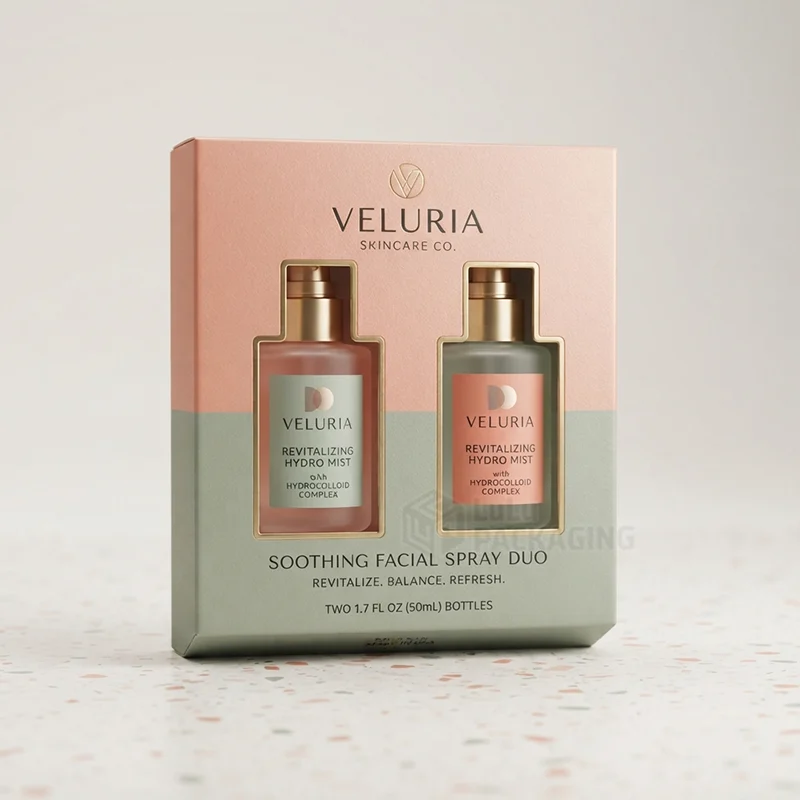 Pink and sage facial spray duo box with two die-cut windows showing the mist bottles