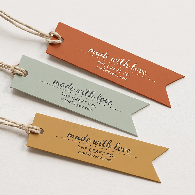 Three flag-shaped gift tags in orange, sage and mustard reading made with love, tied with twine