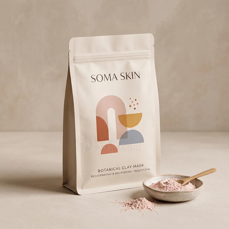 Cream flat bottom stand up pouch with a zipper and printed design for a clay mask